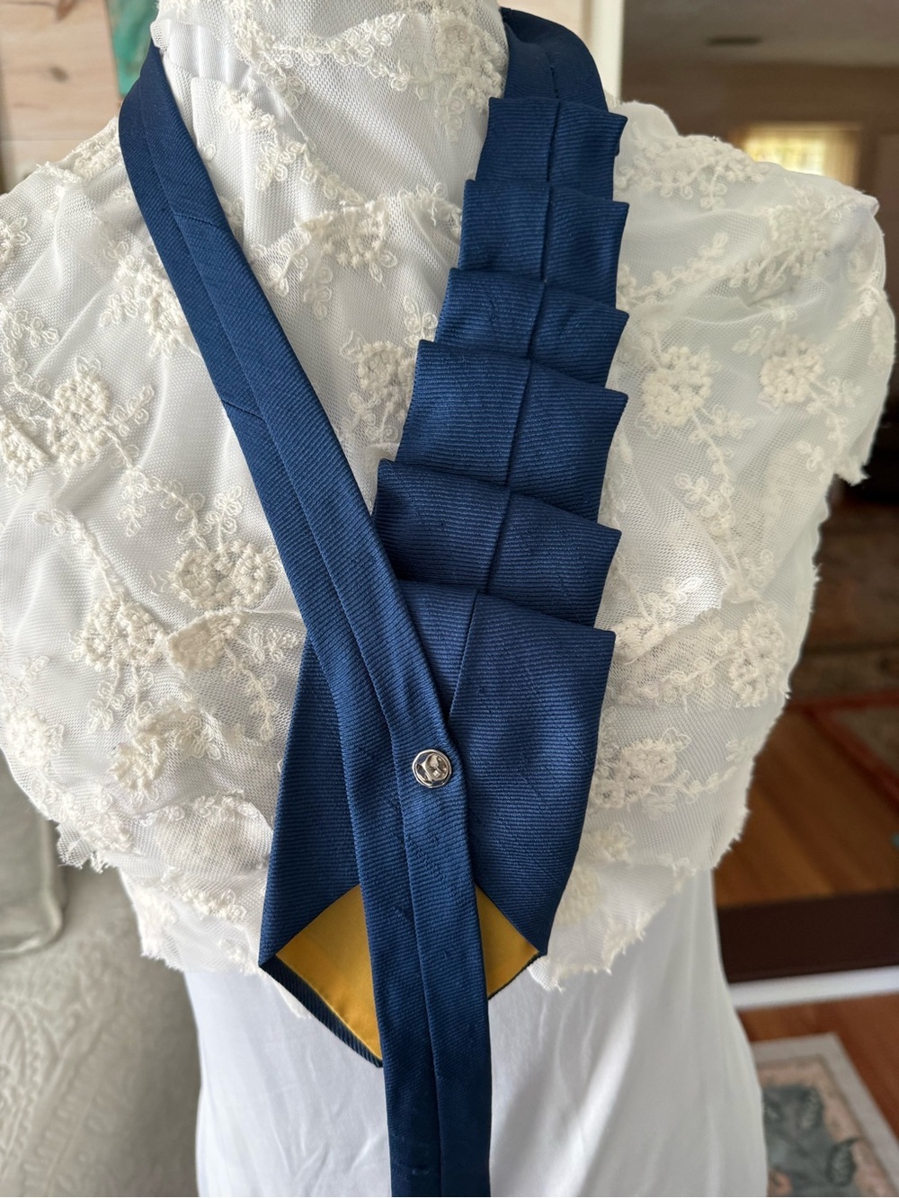 Upcycled Blue Ribbon Necktie with Lace and Jewel Embellishments - Picture 5 of 5